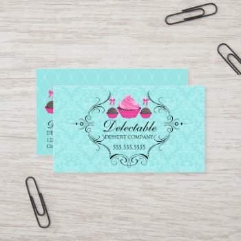 Bakery Damask Aqua Pink Business Card by SocialiteDesigns at Zazzle