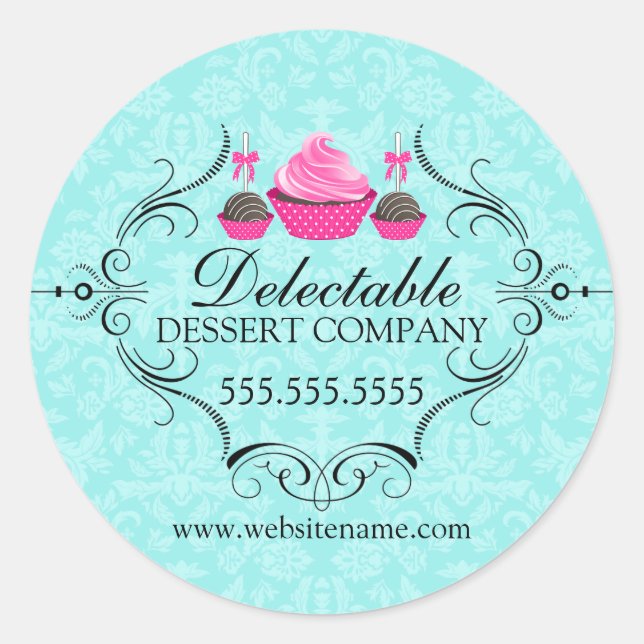 Bakery Damask Aqua Pink Cupcake Cake Pops Classic Round Sticker (Front)