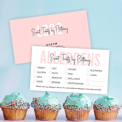 Bakery Feminine Blush Pink Food Allergy Checklist Business Card