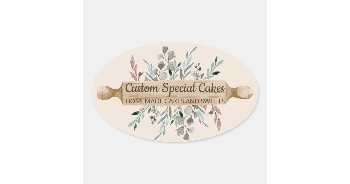Roilling Pin Sticker Bakery Flowers Cooking Rolling Pin Blush Rustic Oval Sticker | Zazzle