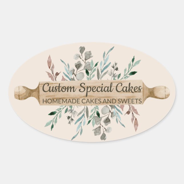 Bakery Flowers Cooking Rolling Pin Blush Rustic Oval Sticker (Front)