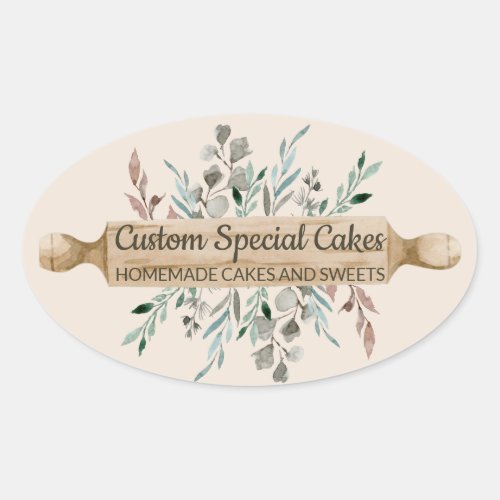 Bakery Flowers Cooking Rolling Pin Blush Rustic Oval Sticker