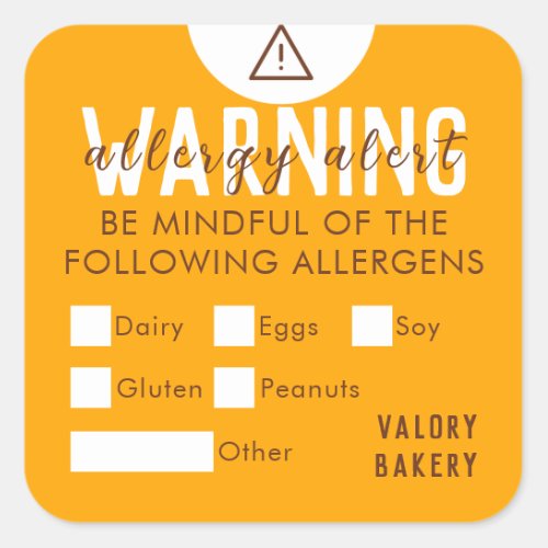 Bakery Food Allergy Alert Safety Orange Square Sticker