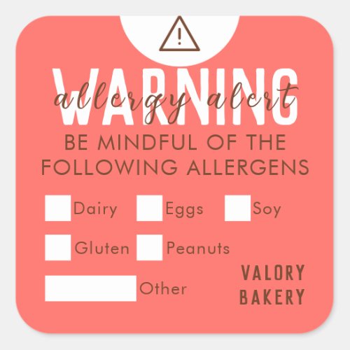 Bakery Food Allergy Alert Safety Pastel Red Square Sticker
