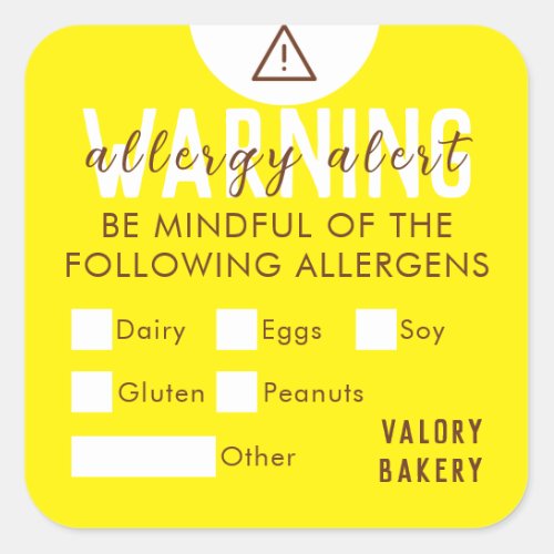 Bakery Food Allergy Alert Safety Yellow Square Sticker