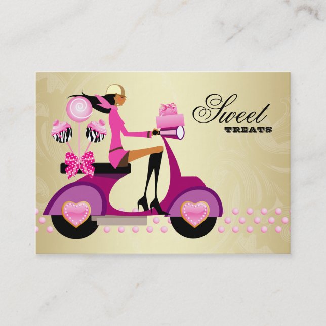 Bakery Gift Box Scooter Girl Pink Gold Cake Pops B Business Card (Front)