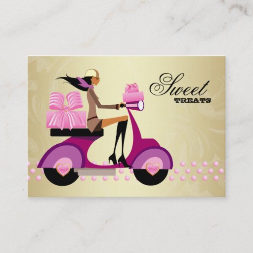 Customizable Bakery Gift Box Scooter Girl Pink Gold Icing Business Card Template