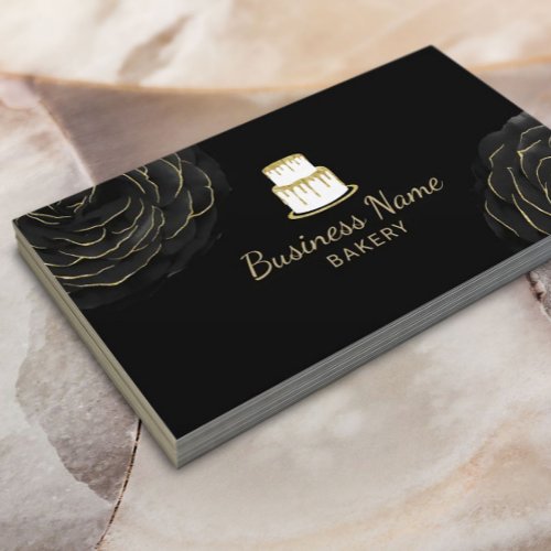 Bakery Gold Cake Logo Elegant Black Floral Chef Business Card