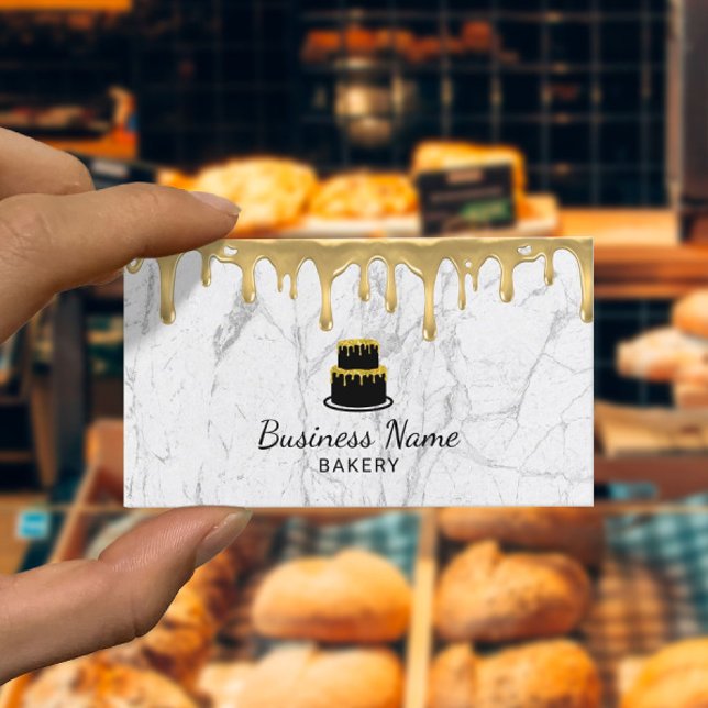 Bakery Gold Drip Icing Cakes Modern White Marble Business Card (Creator Uploaded)