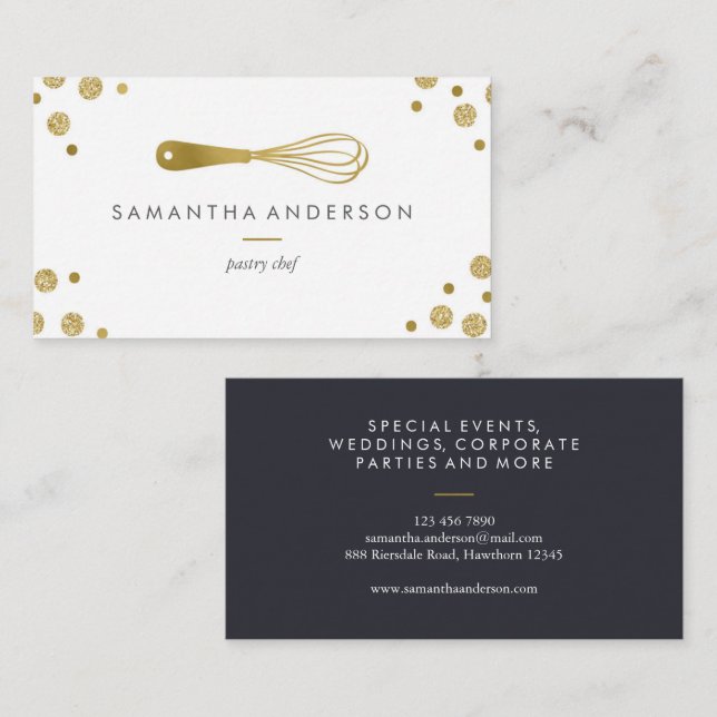 Bakery Gold whisk polka dots chef business cards (Front/Back)