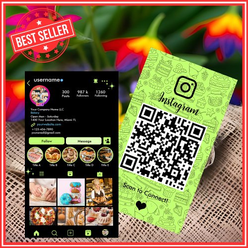 Bakery Instagram Chef Lime Green Pastry Caterer QR Business Card