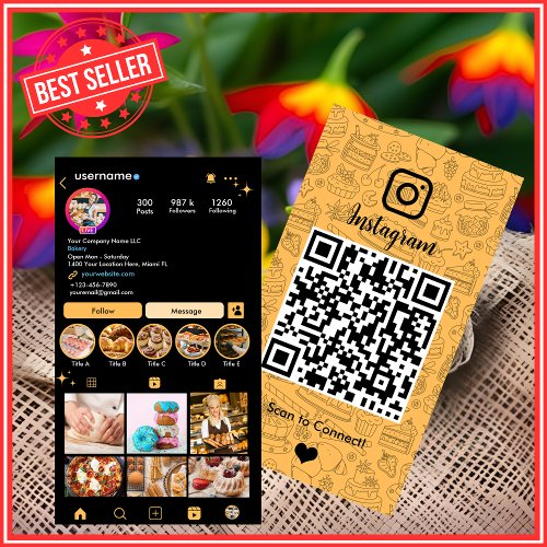 Bakery Instagram Chef Peach Pastry Caterer QR Code Business Card