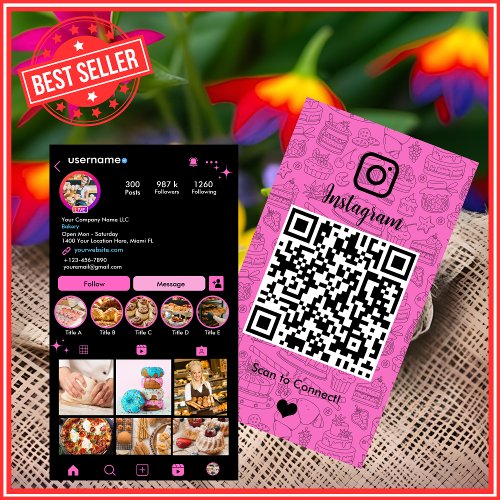 Bakery Instagram Chef Pink Pastry Caterer QR  Business Card