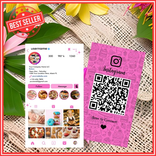 Bakery Instagram Chef Pink  White Cake Bakery QR Business Card