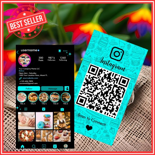 Bakery Instagram Chef Turquoise Pastry Caterer QR Business Card