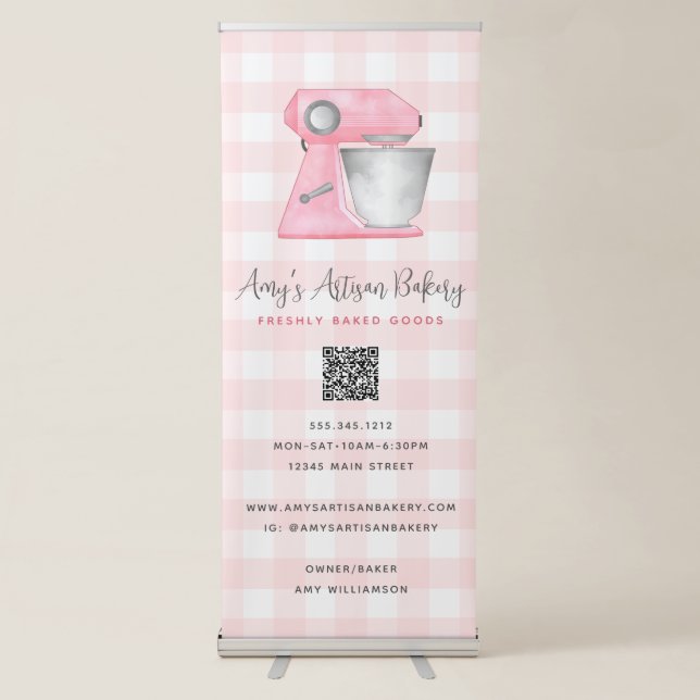Bakery Kitchen Mixer Blush Pink Gingham QR Code Retractable Banner (Front)
