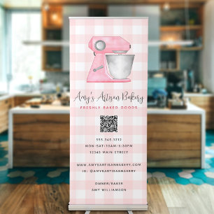 Bakery Kitchen Mixer Blush Pink Gingham QR Code Retractable Banner