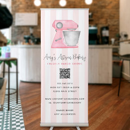 Bakery Kitchen Mixer Blush Pink Stripes QR Code Retractable Banner
