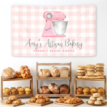 Bakery Kitchen Mixer Logo Blush Pink Gingham Plaid
