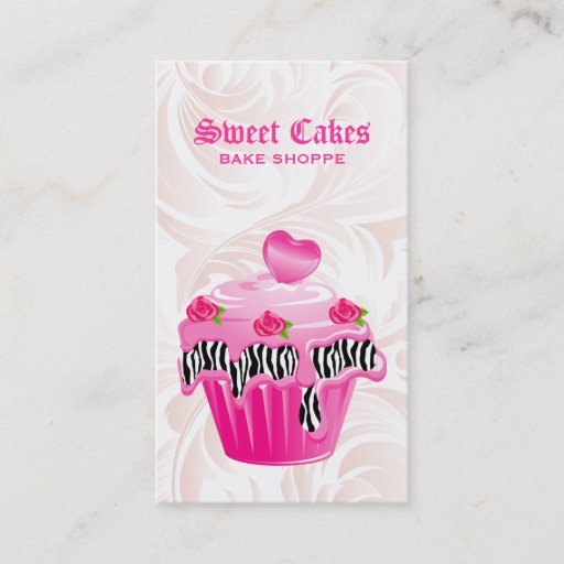 Customizable Bakery Leaf Rose Zebra Pink Cupcake Heart Elegant Business Cards
