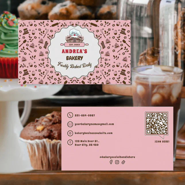 Bakery Logo & QR Code Cute Pastel Pink Custom Business Card | Zazzle