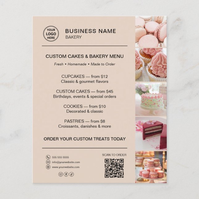 Bakery Menu Custom Logo QR Code Mocha Brown Flyer (Front)