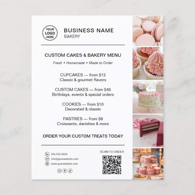 Bakery Menu Custom Logo QR Code White Flyer (Front)