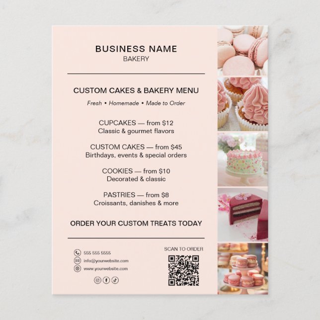 Bakery Menu Flyer Template QR Code Peach (Front)