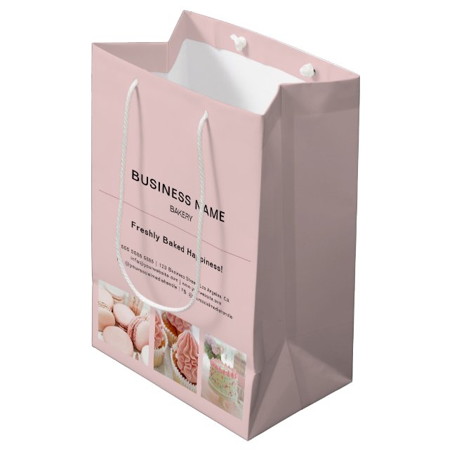 Bakery Minimal Pink Custom Photo Business Medium Gift Bag (Front Angled)