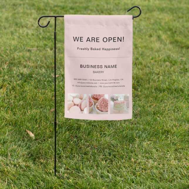 Bakery Minimal Pink Photo We Are Open Garden Flag (In SItu)