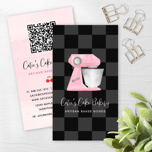 Bakery Mixer Blush Pink Black Checkered QR Code Business Card