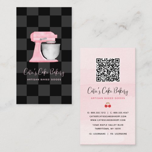 Bakery Mixer Blush Pink Black Checkered QR Code Business Card