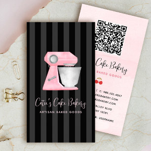 Bakery Mixer Blush Pink on Black Stripes QR Code Business Card