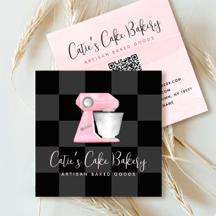 Bakery Mixer Blush Pink QR Code Black Checkered Square Business Card