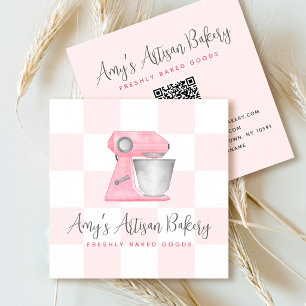 Bakery Mixer Blush Pink QR Code Checkerboard Chef Square Business Card