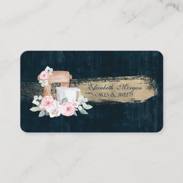 Bakery,Mixer Flowers, Brush Stroke Blue  Business Card (Front)