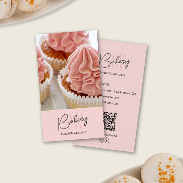 Bakery Monogram Logo Custom Photo QR Pink Business Card (Bakery Monogram Logo Custom Photo QR Pink Business Card)