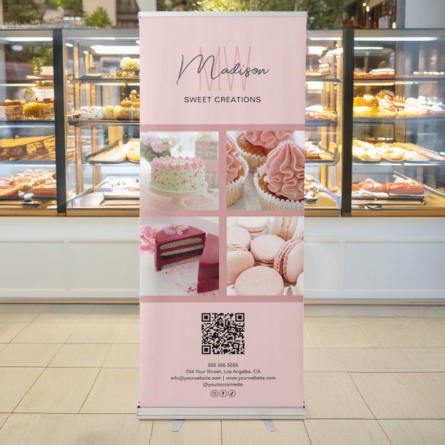 Bakery Monogram Logo Photo QR Business Pink Retractable Banner (Bakery Monogram Logo Photo QR Business Pink Retractable Banner)