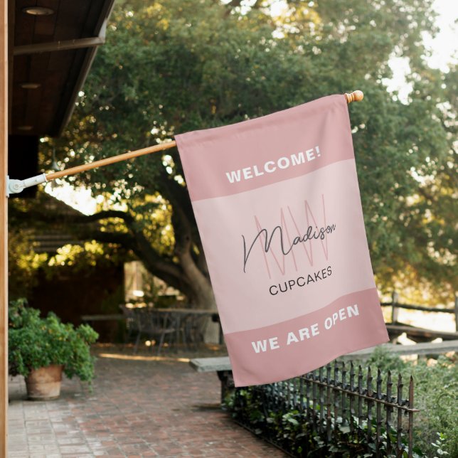 Bakery Monogram Logo Pink Welcome Sign Flag (In SItu)