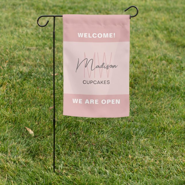 Bakery Monogram Logo Pink Welcome Sign Flag (In SItu)