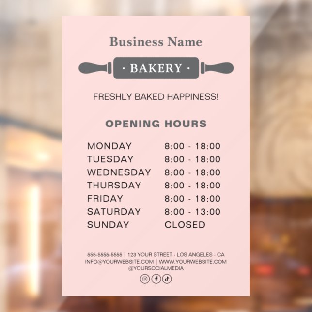 Bakery Opening Hours Rolling Pin Pink Window Cling (Sheet 2)