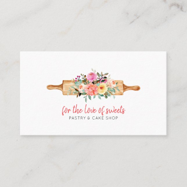 Bakery or Cake shop - Rolling Pin & Florals  Business Card (Front)
