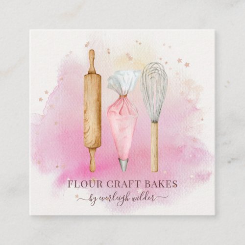 Bakery Pastry Chef Baker Baking Utensils Pink  Square Business Card