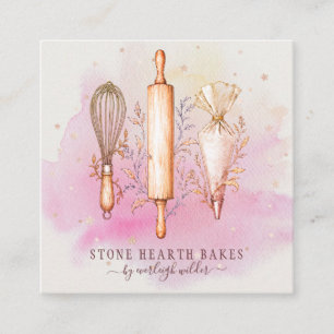 Bakery Pastry Chef Baker Utensils Pink  Square Business Card