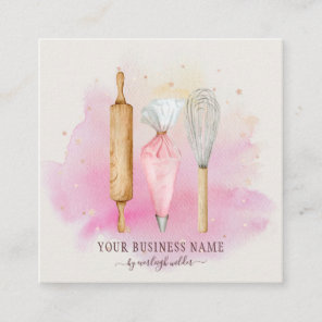 Bakery Pastry Chef Baker Utensils Pink  Square Business Card