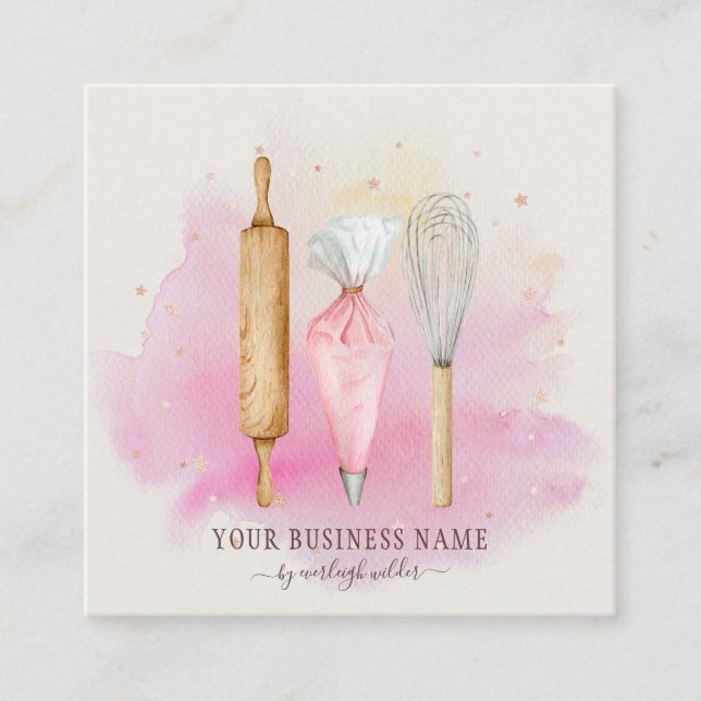 Bakery Pastry Chef Baker Utensils Pink  Square Business Card (Front)