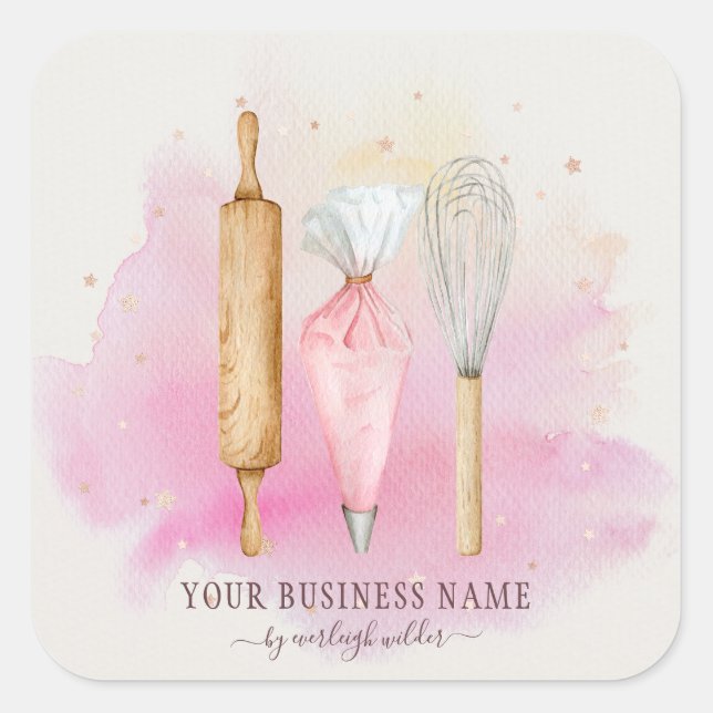Bakery Pastry Chef Baker Utensils Pink  Square Sticker (Front)