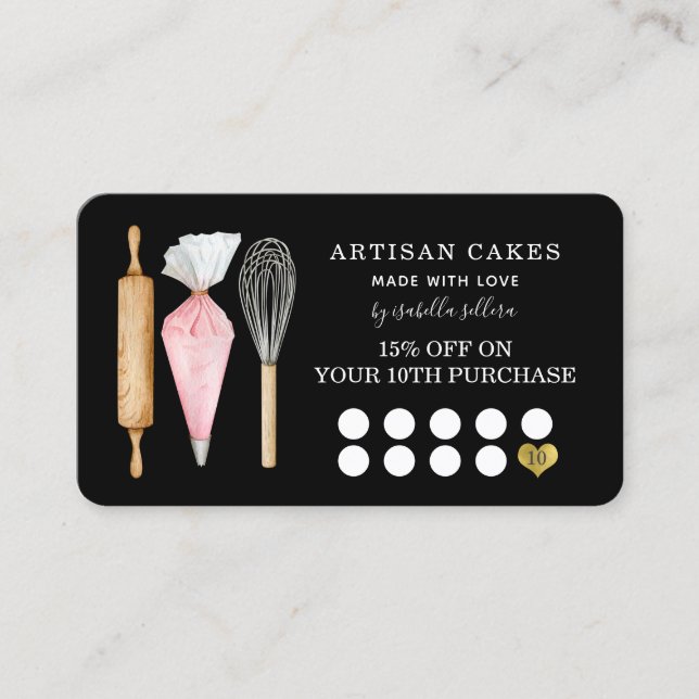 Bakery Pastry Chef Bakers Tools Black Loyalty  Card (Front)