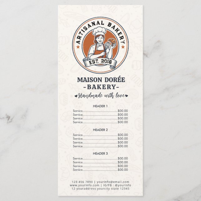 Bakery Pastry Chef Baking Catering Gold Price List Menu (Front)