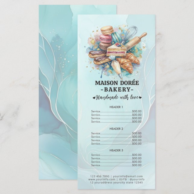 Bakery Pastry Chef Baking Catering Gold Price List Menu (Front/Back)